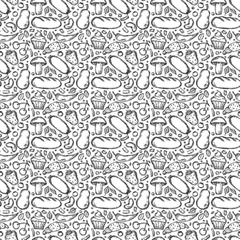 Set of icons on the theme of food. Food vector. Doodle vector with black and white food icons. Food pattern. Free Vector