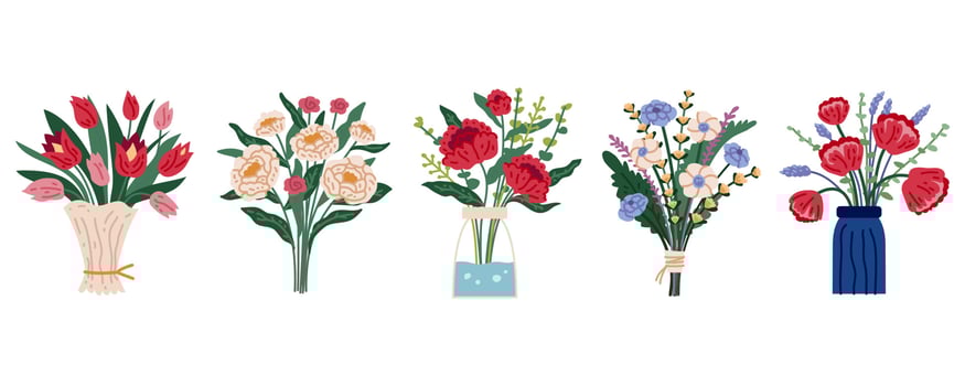 Set of bright spring blooming flowers in vases and bottles isolated vector