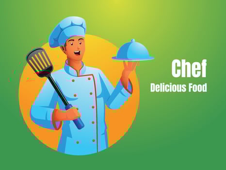 a male chef holding a spatula and serving delicious dishes vector