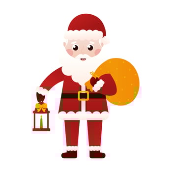 Santa Claus character holding lantern wit candle and bag with gift boxes in cartoon style on white background vector