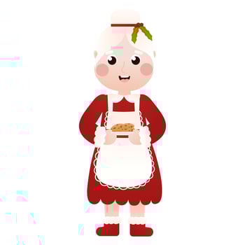 Mrs Santa Claus character holding christmas cookies in cartoon style on white background, art for poster design vector