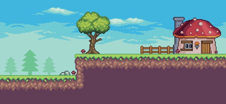 Pixel art arcade game scene with tree, fence and clouds 8 bit vector background
