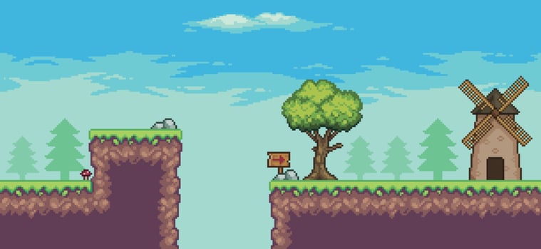 Pixel art arcade game scene with mill, trees and clouds, 8 bit vector background