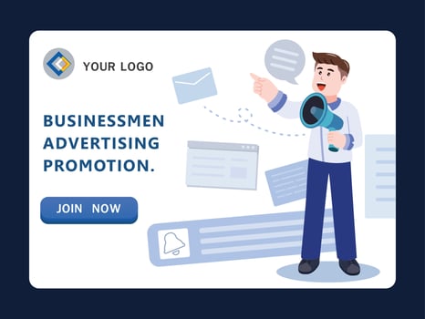 Businessmen  with megaphone make an announcement, online alerting, social media, cartoon character vector illustration.