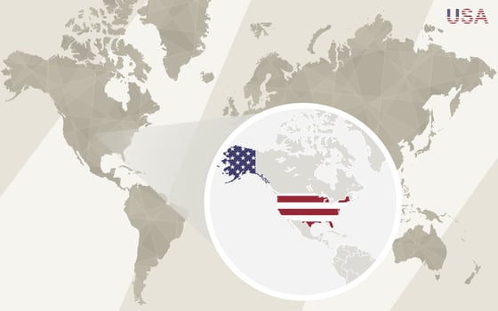 Zoom on USA Map and Flag. World Map. vector