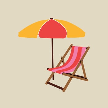 Beach sunbed with umbrella element in modern flat line style. Hand drawn vector illustration of summer, vacation, travel, trip, exotic, beach cartoon design. Vintage patch, badge, emblem, decoration