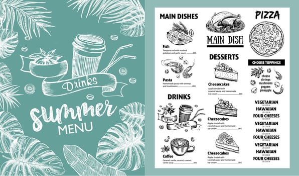 Summer menu. Restaurant food menu design, hand drawn illustrations. Vector food flyer.