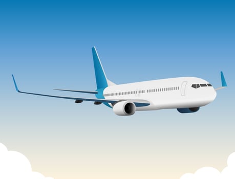 Airplane with blue tail flying under blue sky vector