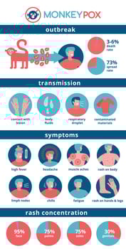 Monkeypox virus detailed infographics. Symptoms, transmission, rash concentration, rate, outbreak icons. Infornation by World Health Organization. Flat vector illustration.