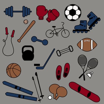 a set of sports equipment on a blue background. healthy lifestyle. cartoon vector illustration.