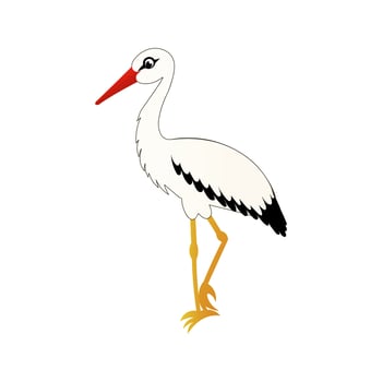 Crane bird isolated on white background in cartoon style, stork stands on one leg, design element, bird vector