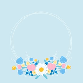 Floral circle frame for wedding invitation or postcards template with on blue background, hand drawing flowers vector