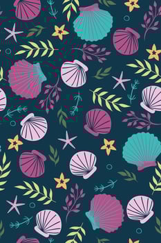 Seamless pattern with seashells, algae and starfish. Vector graphics.