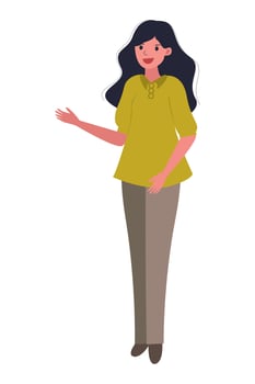 Illustration young woman  showing hand gesture copy space to present or introduce something. Presentation, advertisement, introduce concept illustration in vector cartoon style.