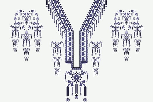 Ethnic blue color neck embroidery floral pattern on white background. Beautiful tribal art feminine shirts style. vector