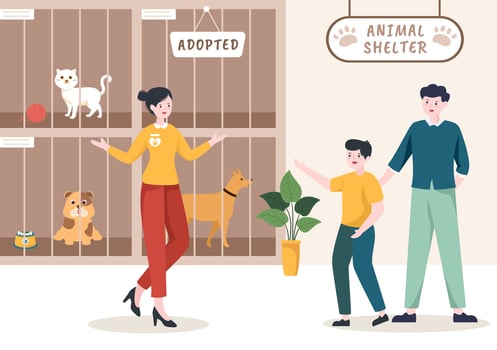Animal Shelter Cartoon Illustration with Pets Sitting in Cages and Volunteers Feeding Animals for Adopting in Flat Hand Drawn Style Design vector