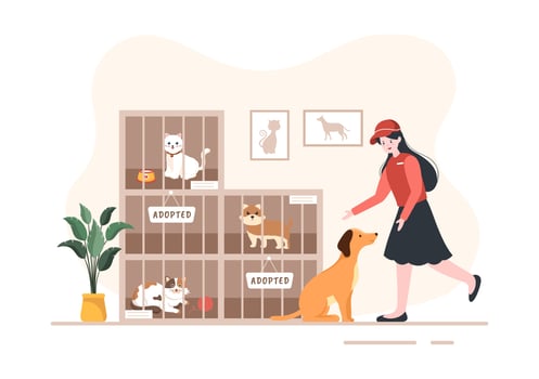 Animal Shelter Cartoon Illustration with Pets Sitting in Cages and Volunteers Feeding Animals for Adopting in Flat Hand Drawn Style Design vector