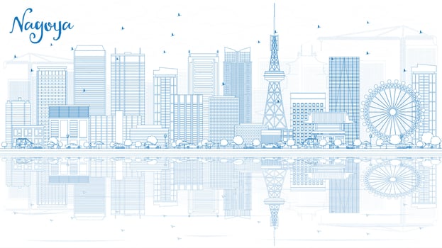 Outline Nagoya Skyline with Blue Buildings and Reflection. vector