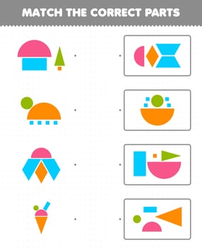 Education game for children match the correct parts geometric shapes 3 square triangle trapezoid circle rhombus rectangle printable worksheet vector