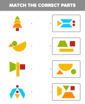Education game for children match the correct parts geometric shapes 4 circle square triangle rectangle trapezoid printable worksheet vector
