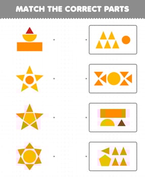 Education game for children match the correct parts geometric shapes 2 circle square triangle rectangle pentagon printable worksheet vector