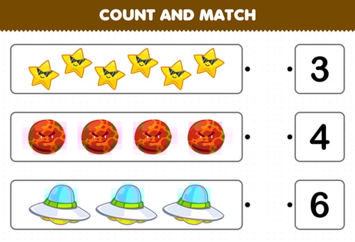 Education game for children count and match count the number of cute cartoon solar system star mars planet ufo and match with the right numbers printable worksheet vector