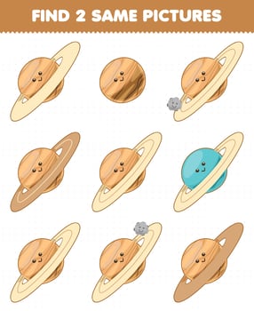 Education game for children find two same pictures cute cartoon solar system saturn planet vector