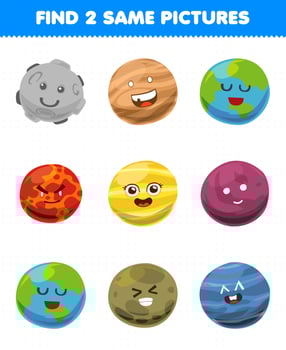 Education game for children find two same pictures cute cartoon solar system planet vector