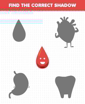 Education game for children find the correct shadow set of cute cartoon human organ blood vector