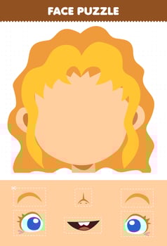 Education game for children face puzzle cut and glue cut parts of cute cartoon girl character vector