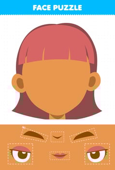 Education game for children face puzzle cut and glue cut parts of cute cartoon girl character vector
