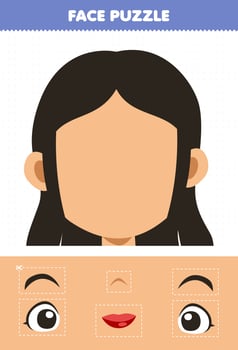 Education game for children face puzzle cut and glue cut parts of cute cartoon girl character vector