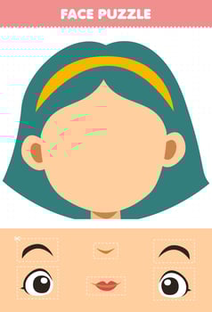 Education game for children face puzzle cut and glue cut parts of cute cartoon girl character vector