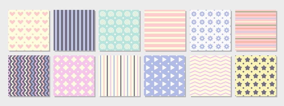 abstract seamless patterns in combination of pink, blue, pale yellow and white pastel color. Suitable for scrapbook, product design, wrapping, packaging, background, invitation, and creative project vector