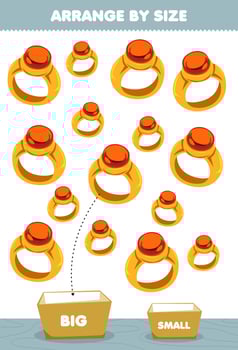 Education game for children arrange by size big or small put it in the box cartoon wearable clothes ring pictures vector