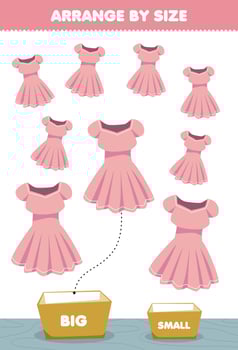 Education game for children arrange by size big or small put it in the box cartoon wearable clothes pink dress pictures vector