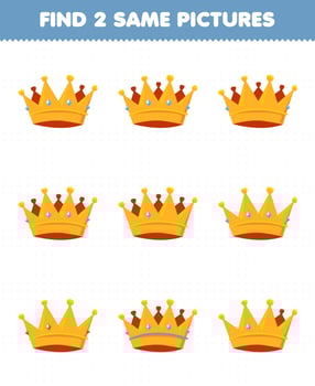 Education game for children find two same pictures cartoon wearable clothes crown vector