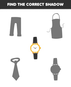 Education game for children find the correct shadow set of cartoon wearable clothes watch vector