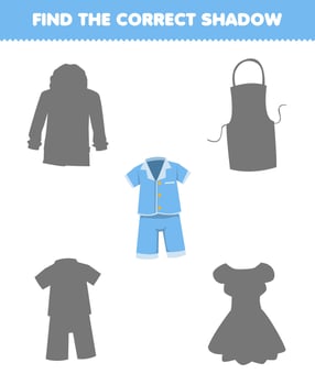Education game for children find the correct shadow set of cartoon wearable clothes pajama vector