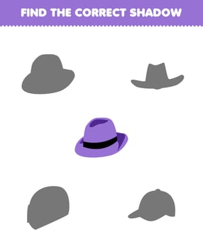 Education game for children find the correct shadow set of cartoon wearable clothes fedora hat vector