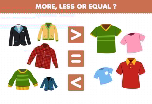 Education game for children more less or equal count the amount of cartoon wearable clothes tuxedo suit cardigan sweater flannel blazer jersey t shirt polo shirt vector