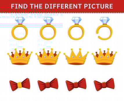Education game for children find the different picture in each row cartoon wearable jewelry ring crown ribbon vector