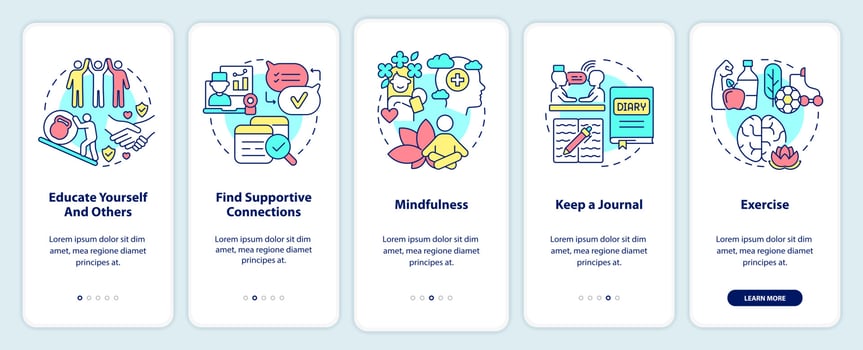Coping with PTSD process onboarding mobile app screen. Psychotherapy walkthrough 5 steps graphic instructions pages with linear concepts. UI, UX, GUI template. vector