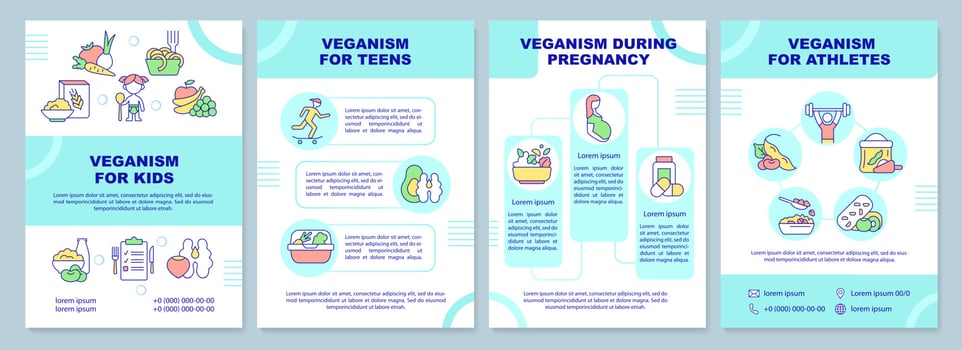 Vegan lifestyle for everyone brochure template. Plant based nutrition. Leaflet design with linear icons. 4 vector layouts for presentation, annual reports.