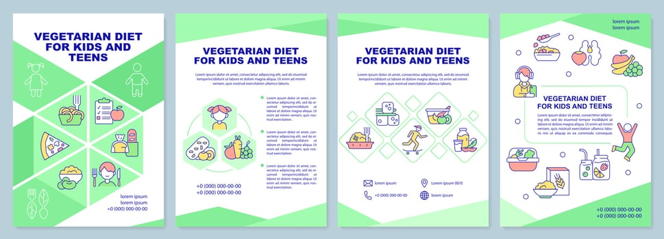 Vegetarian diet for kids and teens brochure template. Leaflet design with linear icons. 4 vector layouts for presentation, annual reports.