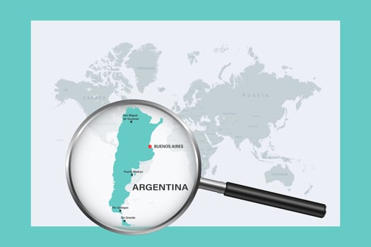 Map of Argentina on political world map with magnifying glass vector