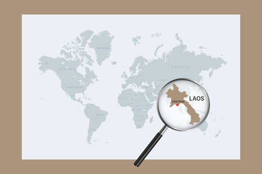 Map of Laos on political world map with magnifying glass vector