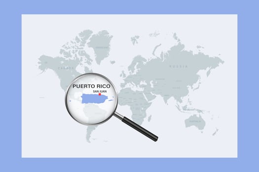 Map of Puerto Rico on political world map with magnifying glass vector