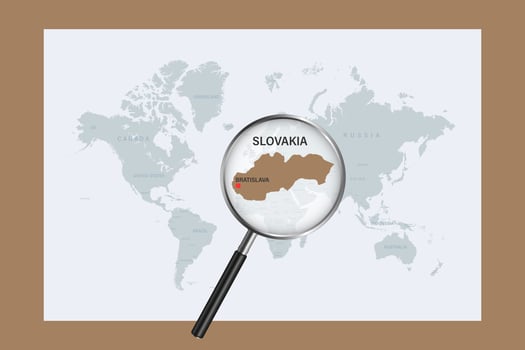 Map of Slovakia on political world map with magnifying glass vector