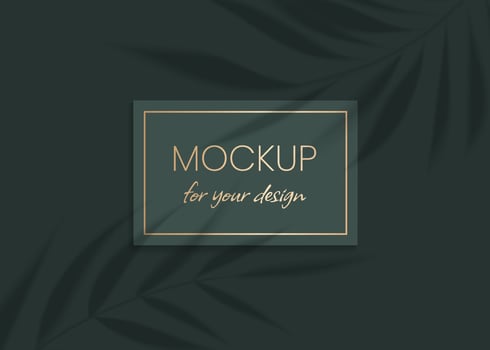 Plant shadow overlay vector mockup horizontal business card. Realistic shadows overlays tropic leaf on green background. Template card, blank, social media post, flyer, logo in luxury trendy style.
